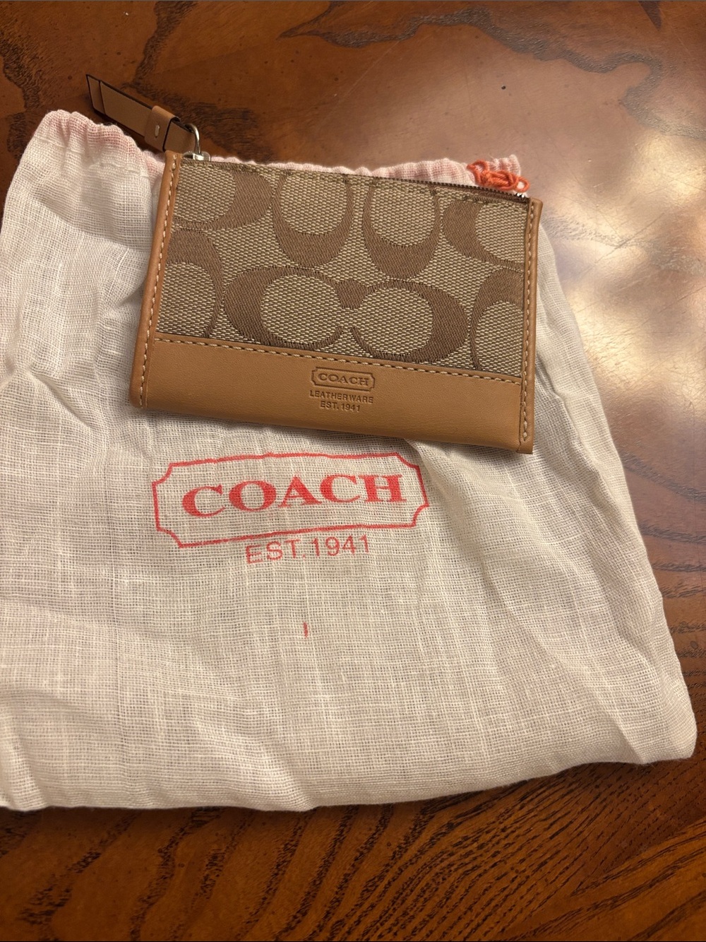 Coach Tan and Khaki Signature Zip Card Case With Keychain Wallet
